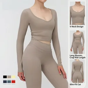 Haut de yoga à manches longues col V et legging taille haute brun mocha