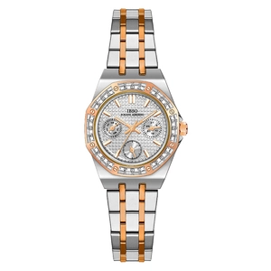 Luxury quartz watch with silver gold steel band, octagonal diamond bezel and date dials