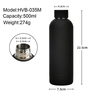 Black matte 500ml double-layer insulated water bottle with detailed size specifications