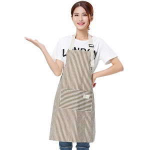 Brown striped cotton linen apron with neck strap and large front pocket for home kitchen