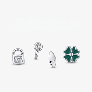 925 Sterling Silver Clover Lock Heart Stud Earrings Set With Green Enamel Rhinestone Small Fresh Natural Fashion Earrings For Women