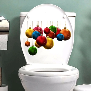 Christmas toilet seat sticker featuring colorful hanging ornaments for festive bathroom decor