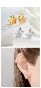 Detailed view of star-shaped earrings and ear cuffs with micro-set white cubic zirconia