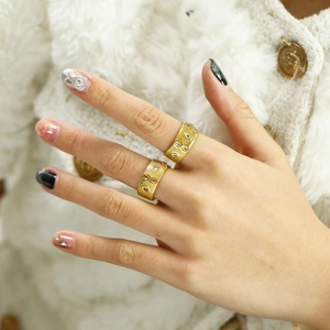 Vintage gold plated wide band ring with colorful zircon stones and brushed texture finish