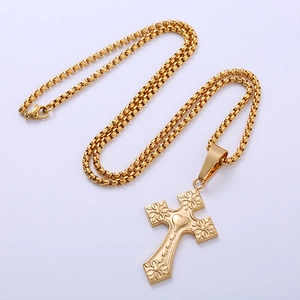 Gothic gold stainless steel cross pendant necklace with floral relief and box chain