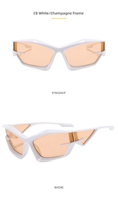 Front and side view of futuristic geometric white frame sunglasses with champagne lenses