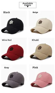 Collage of six baseball caps with DH embroidery in black, beige, burgundy, and khaki colors