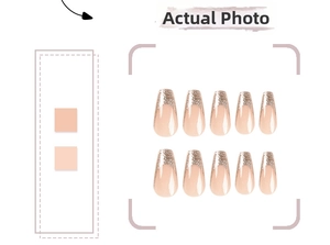 Macro shot of 10-piece ballet press-on nails with nude base and gold glitter French tips