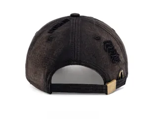 Rear view of washed retro baseball cap with distressed details and metal buckle adjustment