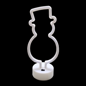 Detail of snowman neon light featuring a white silicone strip and circular base with switch