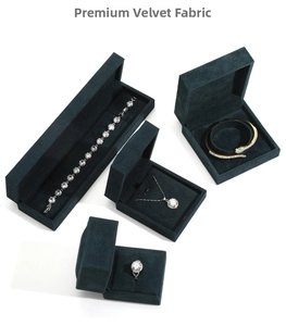 Deep green velvet jewelry box set showing rings and necklaces with luxury texture