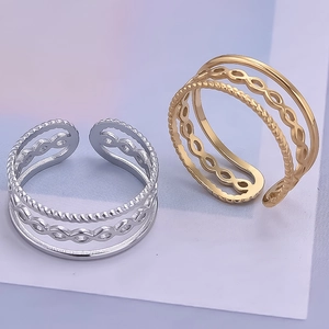 Three-layer adjustable open rings in gold and silver finish with twisted rope texture