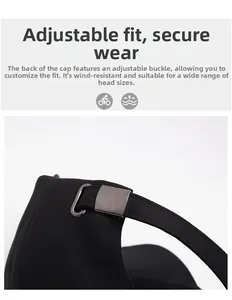 Détail de la boucle métallique réglable et de la sangle à l'arrière du chapeau de soleil