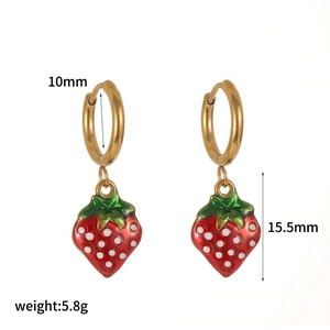 Stainless steel gold hoop earrings with red strawberry pendants and size measurements