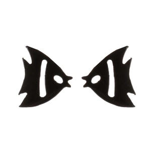 Minimalist black fish-shaped stainless steel stud earrings with matte finish on white background