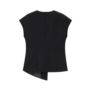 Rear view of black sleeveless top with a unique asymmetric hem and tailored fit