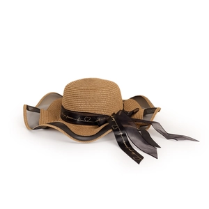 Detail of straw sun hat with black mesh brim and love you forever ribbon bow
