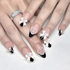 French Tip Press On Nails Black Bow Heart Almond Fake Nails Nude Pink Manicure Art Artificial Nails