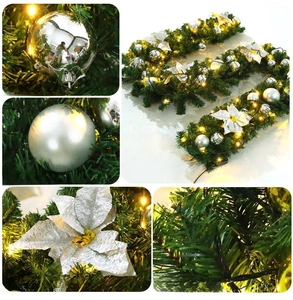 Détails de guirlande de Noël argentée 2,7m avec lumières LED, boules mates et fleurs
