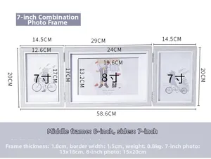 Detailed size chart of a white wood-textured triple folding picture frame with dimensions