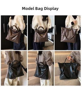 Model toont grote vintage tote bags in zwart en donkerbruin met een schouderriem