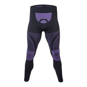Detail of high-elastic waistband with material labels and purple compression knit patterns