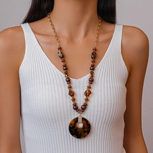 Collier Long À Pendentif Perlé Vintage Avec Perles En Bois Alliage Et Imprimé Léopard Écaille Acrylique Pour Femmes