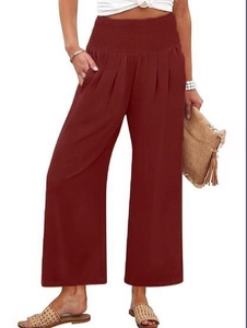 Pantalon Large Femme Taille Haute Taille Élastique Smokée Pantalon Palazzo Décontracté Poches Latérales Texturé Plage