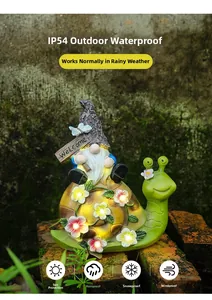 Close-up of waterproof IP54 garden gnome riding snail with solar LED flower lights