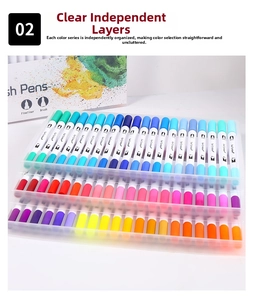 Detail of dual tip markers with brush and fineliner nibs in a three-layer storage tray