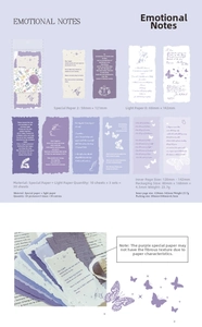 Flat lay of vintage scrapbooking paper with lilac floral patterns and script
