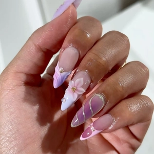 Press On Nails Almond Stiletto Shape 3D Flower Artificial Pearl Gradient Purple Pink ABS Plastic Decorative Fashionable Women