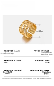 Detail shot showing 2.8g weight and 1.7cm diameter of 18K gold plated steel ring