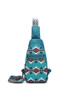 Close-up of bohemian Aztec patterns and bronze metal zipper on a canvas crossbody bag