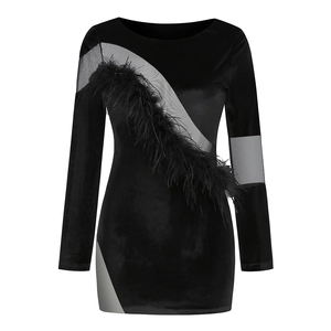 Elegant black velvet mini dress with sheer mesh panels and feather trim detailing