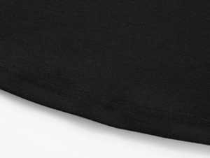 Detail of double-needle stitched hem on black vintage Tencel Lycra slim-fit shirt