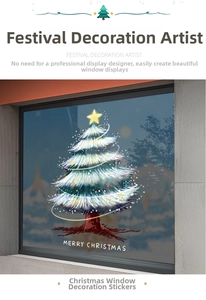 Detailed view of a white Christmas tree window decal with Merry Christmas text on glass