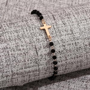 Black Faceted Beaded Bracelet With Stainless Steel Heart Cross Clover Charm Simple Fashion Jewelry For Men Women