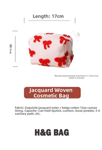 Detailed size chart of red bow jacquard cosmetic bag with 17x14x11cm measurements