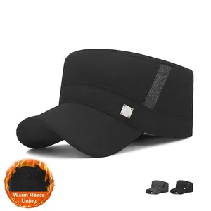 Men Cadet Cap Cotton Fleece Lined Warm Winter Hat With Ear Flaps Windproof Flat Top Military Style Adjustable