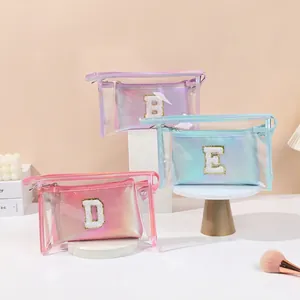 Laser holographic clear PVC makeup bag set with embroidered letters and zipper