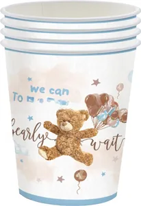 Detail of disposable paper cups with watercolor teddy bear print and blue trim