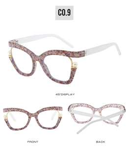 Three-angle views of rainbow floral cat-eye glasses frames with pearl accents