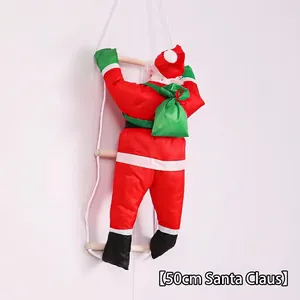 Detailed view of a 50cm climbing Santa Claus plush hanging on a white rope wood ladder
