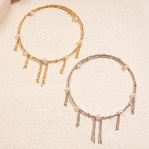 Elegant gold and silver tassel necklaces with imitation pearls and metallic fringe