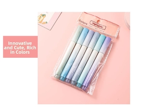 Detail of 6-color gradient highlighter set in transparent pouch on pink background