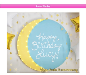 Detail of blue Moon and Stars birthday backdrop with Happy Birthday Lucy text and lights