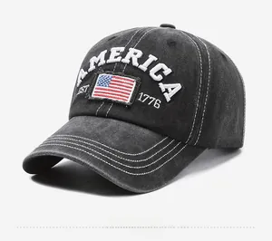 Detail view of washed dark grey cotton baseball cap with vintage America embroidery