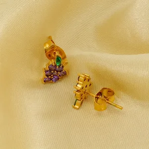 Grape Stud Earrings 18K Gold Plated Stainless Steel Purple Green Zircon Inlaid Summer Fruit Jewelry For Women