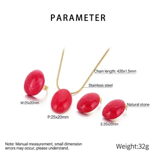 Detailed specs of gold plated stainless steel jewelry set with red marble pattern stones